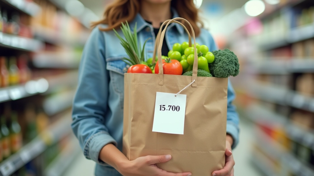 Pirkšanas maiss ar produktiem un cenrādis, parādot cenu atšķirības iepriekš un tagad